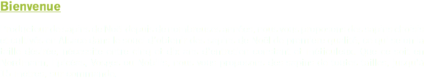 Bienvenue Producteur de sapins de Noël depuis de nombreuses années, nous vous proposons des sapins choisis et cultivés en Alsace dans le souci d’obtenir des sapins de Noël de première qualité, ce qui selon la taille désirée, nécessite entre cinq et dix ans d’entretien constant et méticuleux. Que ce soit en Nordmann, Epicéas, Vosges ou Nobilis, nous vous proposons des sapins de toutes tailles, jusqu’à 15 mètres, sur commande.